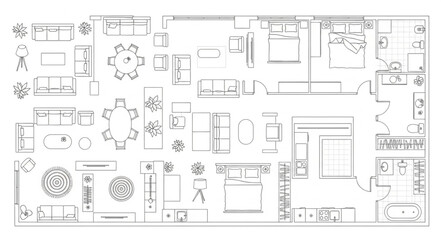 Detailed architectural floor plan showcasing interior design and room layouts for a house. © Roki