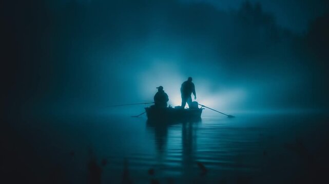 Silhouetted individuals rowing boat on water at night amidst fog