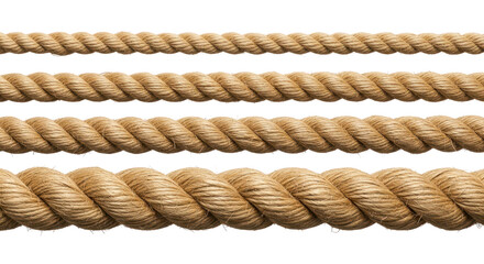 Four thick natural jute ropes of different sizes. Isolated on transparent background, png