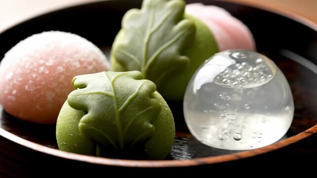 Ultra detailed macro close-up video of traditional japanese seasonal wagashi assortment on dark background