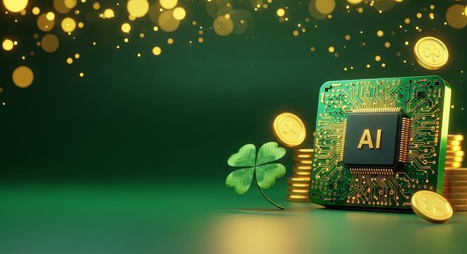 Green AI microprocessor with clover and gold coins. Artificial intelligence lucky technology for St. Patricks Day. Computing power for fortune.