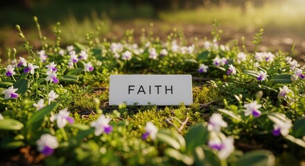 A small white sign with the word Faith nestled amongst blooming flowers in a sunlit meadow