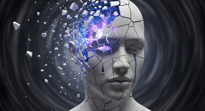 Human head exploding into pieces, representing mental breakdown or psychological distress