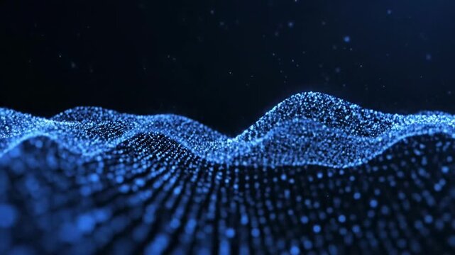 Abstract blue digital wave pattern with glowing particles on dark background.
