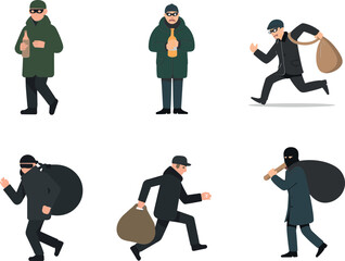 Fototapeta premium Cartoon burglar character set, thief running with money bag and masked criminal actions isolated vector illustration