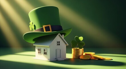 Obraz premium Leprechaun hat on a white house with clover and gold coins. St. Patricks Day celebration of luck, wealth, and real estate concept.