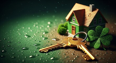 Naklejka premium Golden house keys with four leaf clover and green house model. St. Patricks Day real estate luck and property dream concept.