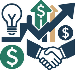 Business Growth Concept: Handshake Lightbulb and Upward Arrow Graph with Dollar Signs