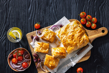 Greek savory sliced meat bougatsa pie with olives