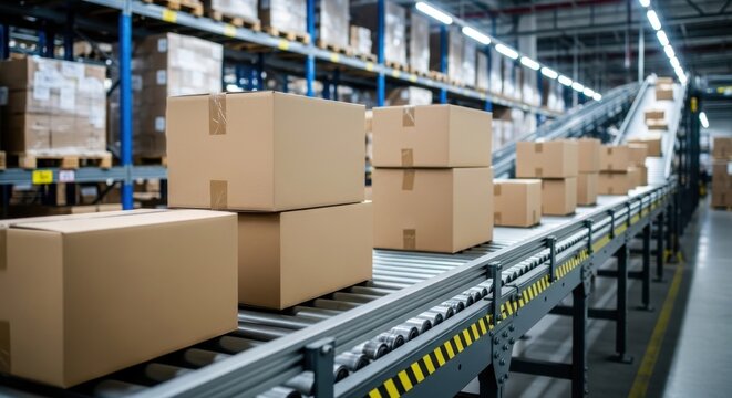 Cardboard boxes on a conveyor belt in a modern warehouse setting, facilitating efficient product distribution and logistics.