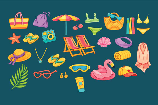 A vibrant collection of colorful summer vacation and beach accessories arranged on a teal background.