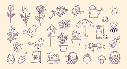 A charming collection of hand-drawn spring-themed icons, featuring flowers, birds, insects, and garden tools, perfect for seasonal designs. © GJ