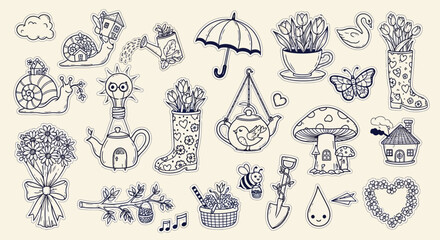 A charming collection of whimsical hand-drawn illustrations featuring garden elements, cute animals, and spring-themed motifs. © GJ