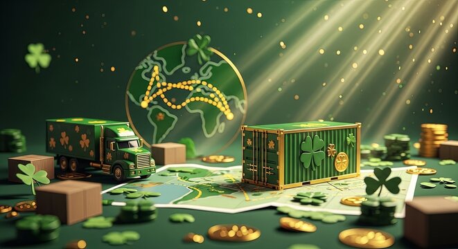 Green St. Patricks Day themed truck and shipping container on a map with a globe. Global logistics and delivery concept for holiday.