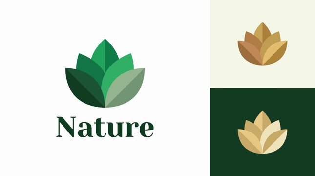 This image displays a sleek nature logo design that symbolizes growth, harmony, and sustainability, using an elegant shape and color scheme suitable for environmental brands.
