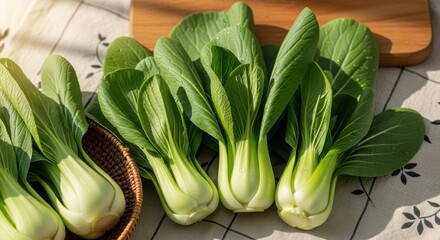 Obraz premium Fresh Bok Choy Bundles Ready for Culinary Use, Showcasing Vibrant Green Leaves and Crisp Stalks