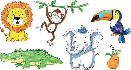 Fototapeta premium Adorable hand drawn jungle animal collection featuring a happy lion monkey elephant toucan crocodile and sleeping carrot character illustration