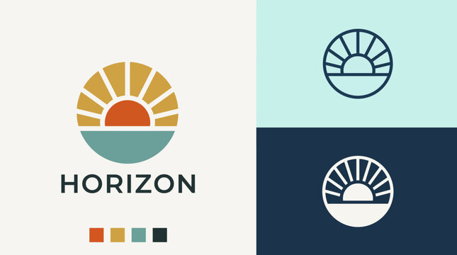 This logo artfully depicts a vibrant horizon featuring a sun above the sea, symbolizing optimism, new beginnings, and a fresh perspective in a balanced aesthetic.