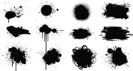 Collection of twelve black ink splatter brush strokes and grunge paint spots isolated on a clean white background for graphic design projects