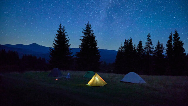 Few tents on grassy clearing under dazzling, starry sky with Milky Way clearly visible. Tall pine trees and distant mountains frame scene, creating tranquil and awe-inspiring night in nature.