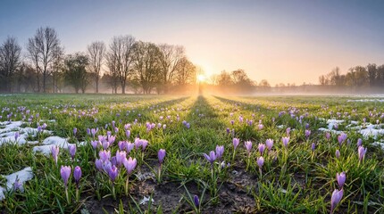 Purple crocus flowers blooming in a field with melting snow at sunrise. Spring equinox meadow with golden sun rays and morning mist. First seasonal wildflowers