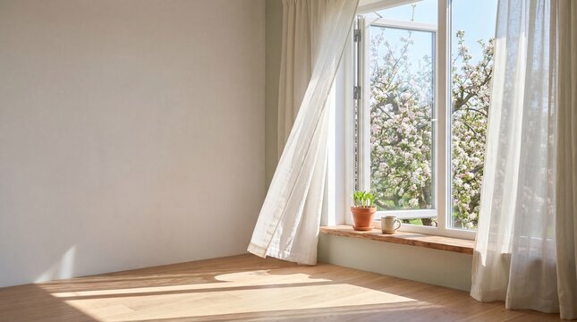 Bright empty room with open window and blowing curtains. Spring blossom tree view from home interior. Fresh morning sunlight on wooden floor
