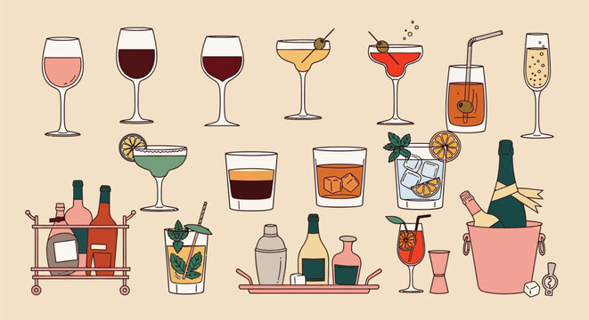 A vibrant collection of various alcoholic and non-alcoholic beverages, cocktail glasses, bar tools, and a bar cart, all rendered in a charming, retro-inspired illustration style.