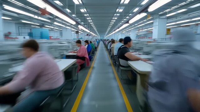 Workers in a textile sewing factory focus on tasks in motion blur during a busy workday