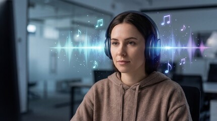 Obraz premium Woman wearing headphones with glowing audio waves and musical notes