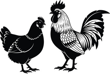 Hen and rooster silhouette icon set with farm poultry birds standing together in countryside scene cad drawing flat vector illustration medical icon © Riya