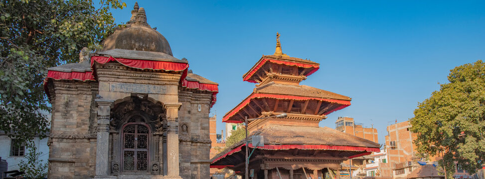 Ancient Hindu Temples Kotilingeshwar Mahadev and Maju Deval at Durbar Square, Kathmandu, Nepal.