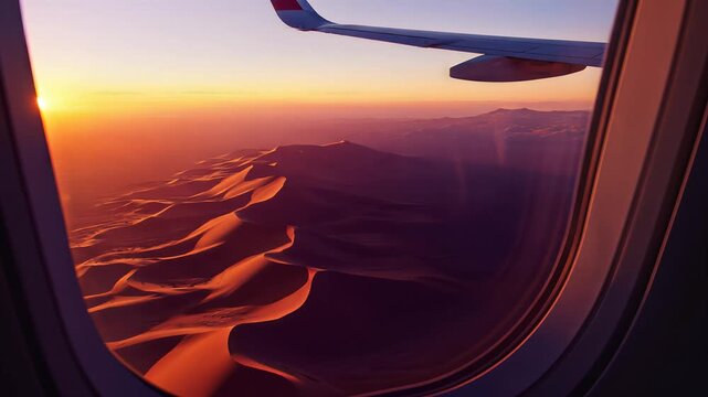 Aerial view of desert landscape at sunset through airplane window.