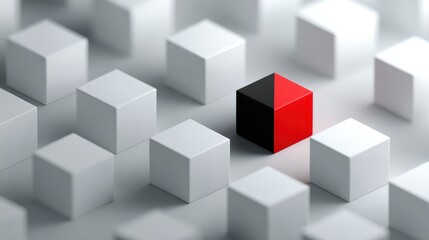 Obraz premium Single Red Cube Among White Cubes on a Soft Grey Background, Symbolizing Uniqueness, Individuality, and Distinction in Modern Design Concepts and Ideas