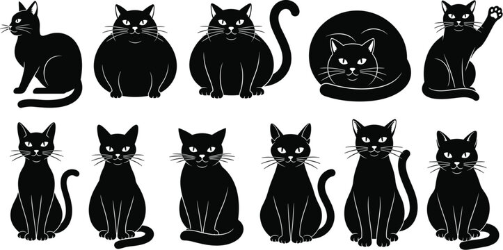 Black cat silhouette icon set with various poses of sitting fat and fluffy domestic cats cad drawing flat vector illustration medical icon, animal