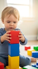 Baby concentrating while building a tall tower with large colorful blocks for toddler play and fine motor development background