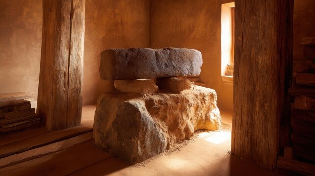 Partially Built Compressed Earth Block Wall Structure Bathed in Warm Interior Sunlight