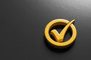 Yellow checkmark icon in a circle representing approval, verification, success, and agreement on a dark surface © Cagkan