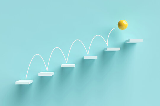 Yellow ball bouncing up steps reaching goals
