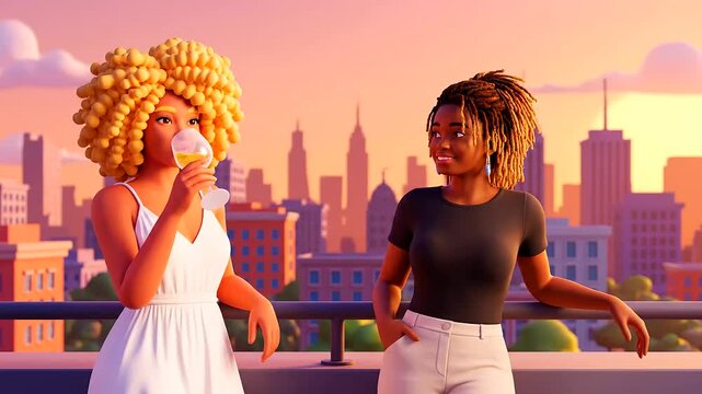 Two Happy Animated Black Women Celebrating Pride Month on a City Rooftop at Sunset, Enjoying Wine and Friendship