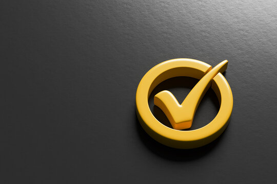 Yellow checkmark icon in a circle representing approval, verification, success, and agreement on a dark surface