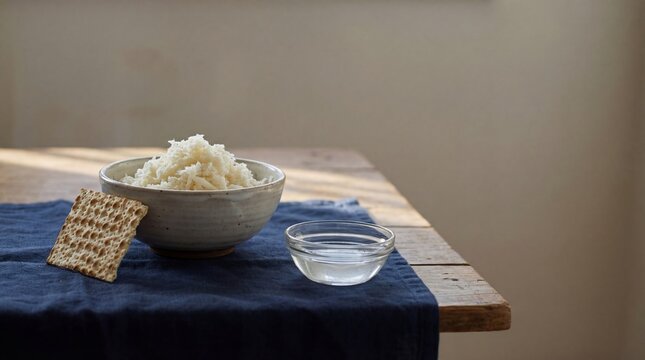 Grated horseradish maror and matzah cracker on rustic wooden table. Traditional Jewish Passover Seder food.
