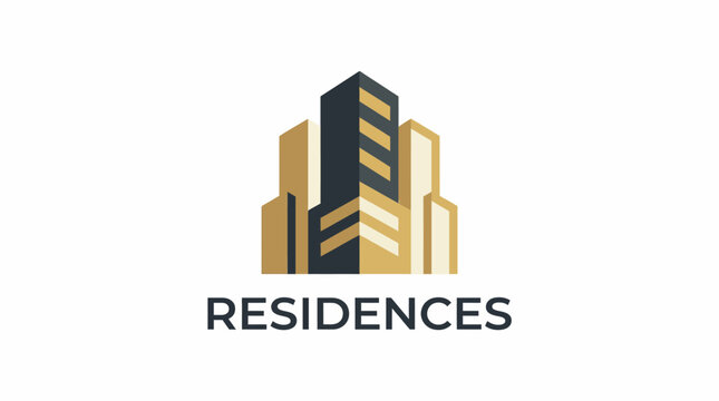 A powerful logo design featuring tall modern buildings, representing luxurious apartment living and urban lifestyle, highlighted with bold colors and sleek lines.