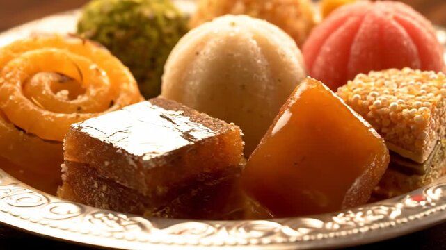 Assorted Indian sweets on decorative plate