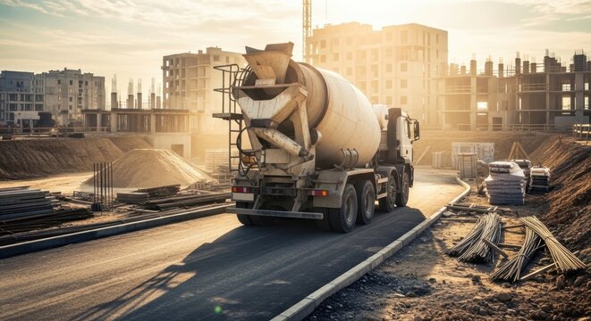 A concrete mixer truck drives on a construction site during golden hour with buildings in the background
