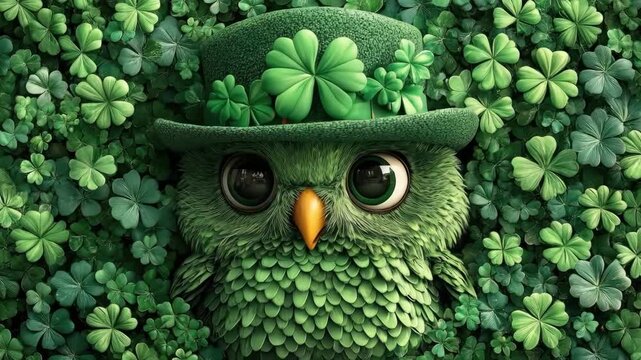 Adorable green owl in clover hat surrounded by shamrocks. Saint Patrick's Day, St Paddy's Day, St Patty's Day - Irish National Holiday and Cultural Celebration