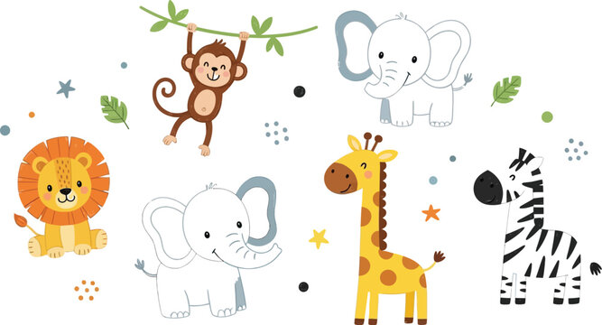 Collection of charming and adorable baby safari animals including a monkey, lion, giraffe, zebra, and two elephants perfect for nursery decor illustrations.