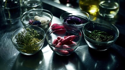 Assortment of Herbal Supplements in Glass Bowls with Capsules and Powders