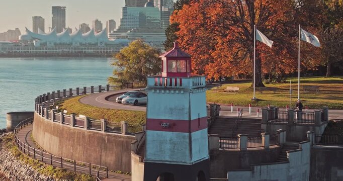 Seawall Lighthouse at Stanley Park during a fall season in downtown Vancouver, BC, Canada