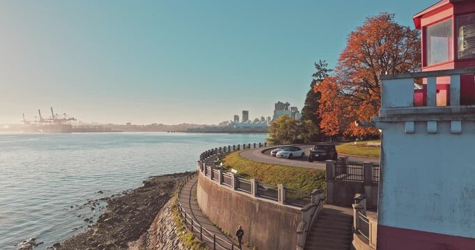 Seawall Lighthouse at Stanley Park during a fall season in downtown Vancouver, BC, Canada