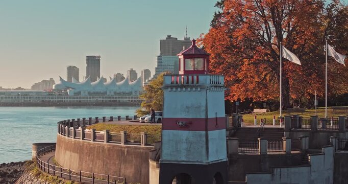 Seawall Lighthouse at Stanley Park during a fall season in downtown Vancouver, BC, Canada
